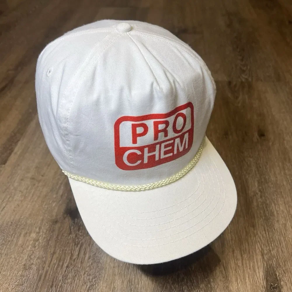 Vintage 80s Chemistry Zipper Snapback White Ad Promo Logo Rope Trucker Chore Cap